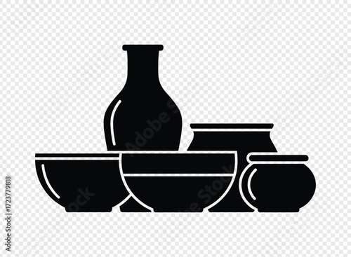 Black silhouette of various ceramic pottery vessels on transparent background