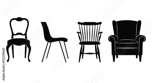 Diverse collection of four elegant chair silhouettes in different styles vector