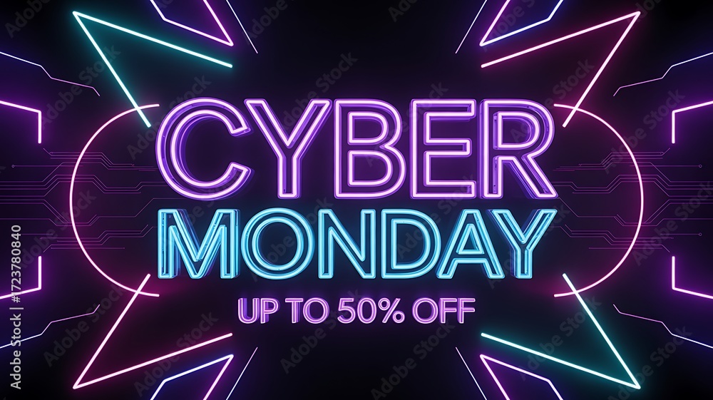 Obraz premium Cyber monday neon sign with up to 50 off discount offer and abstract background