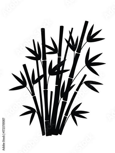 Black silhouette of a bamboo plant with leaves on a white background
