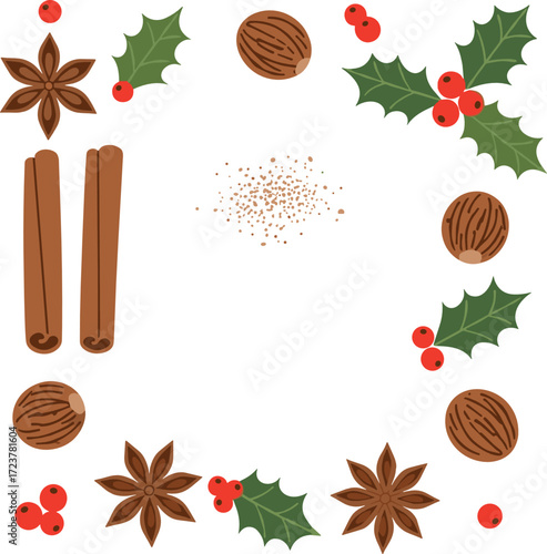 Vector Flat Lay of Festive Eggnog with Spices