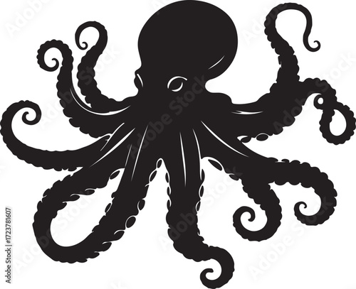 Intense Black Silhouette Octopus Vector Art: Dynamic, Detailed, and Customizable Graphic for Nautical, Sea Life, or Fantasy Designs. Perfect for Tattoos, Logos, Merch, and Wall Art.