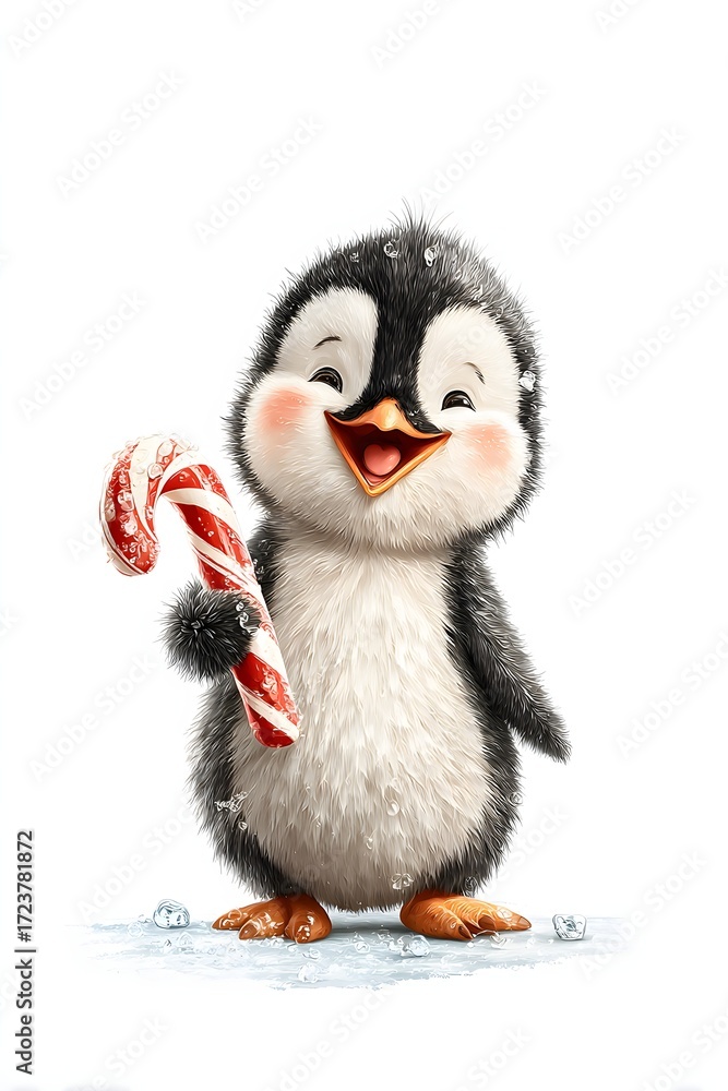 Fototapeta premium 3D cartoon penguin with candy cane happy cheerful face isolated on white background