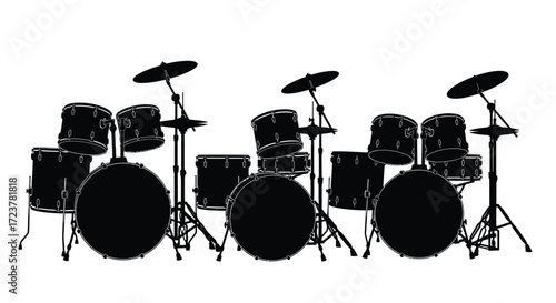 Silhouette of a complete drum set on a for music and performance vector