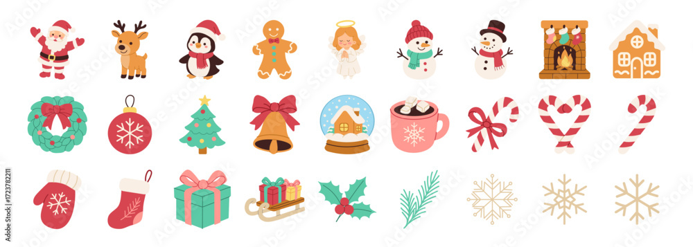 Obraz premium A collection of Christmas icons including Santa Claus, reindeer, snowmen, gingerbread men, and wreaths