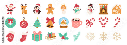 A collection of Christmas icons including Santa Claus, reindeer, snowmen, gingerbread men, and wreaths