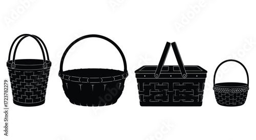 Collection of four woven baskets of varying sizes and styles for storage and decoration vector