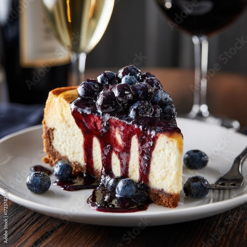 Creamy cheesecake slice, topped with blueberry compote, served with wine