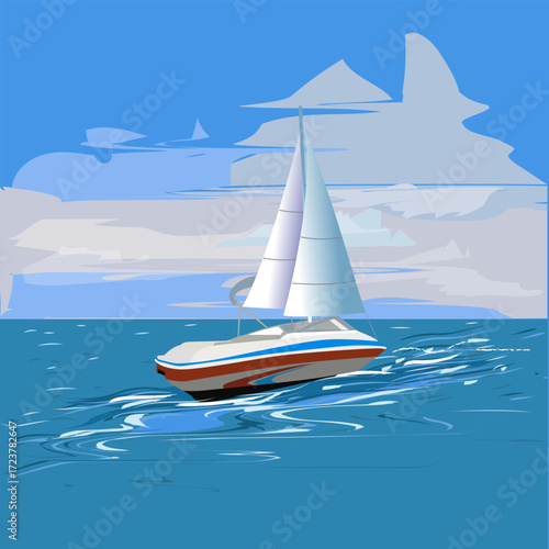 A stylized illustration of a sailboat gracefully moving across the open sea under a calm, partly cloudy sky. The artwork features a clean, modern design with a subtle sense of motion from the water's 