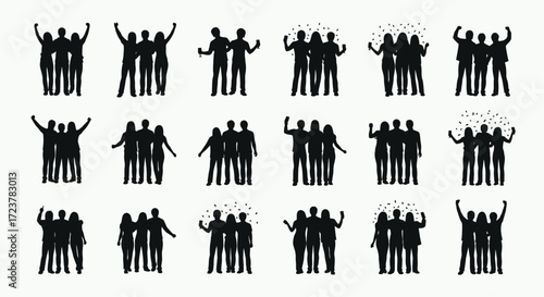 Silhouettes of Cheerful Groups Celebrating and Having Fun