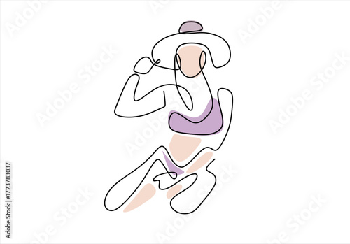 one continuous line drawing of beautiful woman with big hat.one line drawing of noble woman's dress style. single line vector illustration. isolated on white background