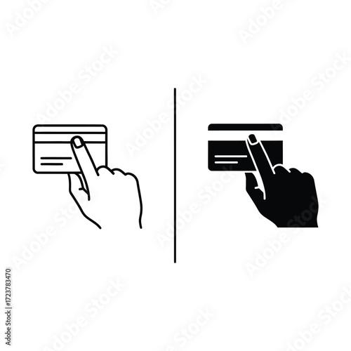 Payment method selection with credit card and hand outlines emphasizing modern financial transactions and digital wallet usage in a minimalist style