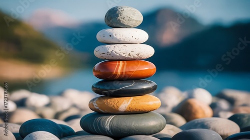 Find inner peace balancing stones, serene nature backdrop for mindful meditation