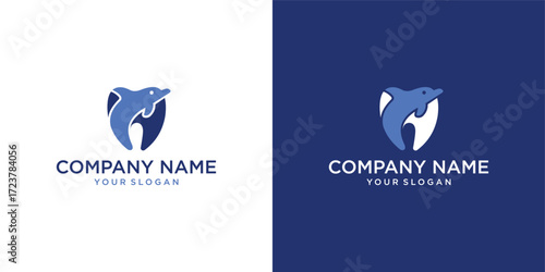 Gear icon with dolphin Logo Template Design on white and blue background