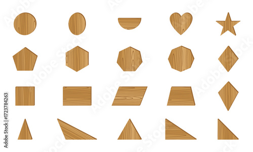 various shapes with wood texture vector illustration isolated on white background.