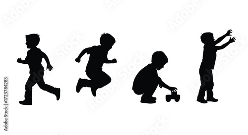 Dynamic silhouettes of active children playing and running joyfully in various poses vector