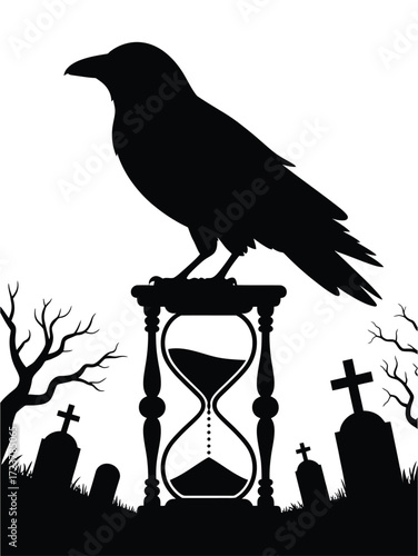 Silhouette of a crow perched on an hourglass in a graveyard