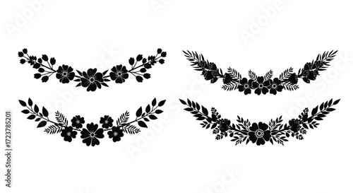 Elegant black floral garlands decorative elements for romantic designs and celebrations vector