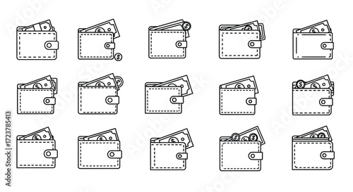 Collection of diverse wallets filled with cash money hand drawn line art style vector