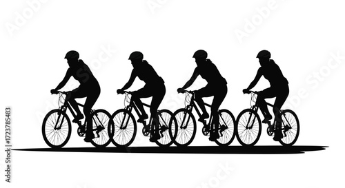 Silhouettes of four cyclists riding bicycles in formation vector