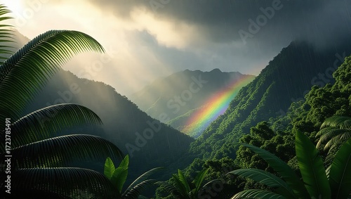 Rainbow Arcs Over Lush Green Mountains After Tropical Rain Showe