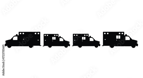 Collection of four silhouetted ambulance vehicles displayed in a row for emergency medical services vector