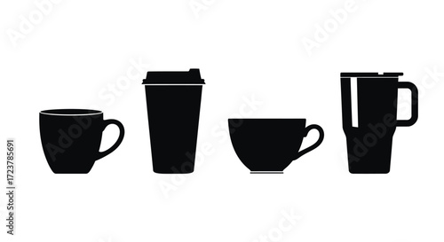 Collection of black silhouettes of coffee cups and mugs for beverage service vector