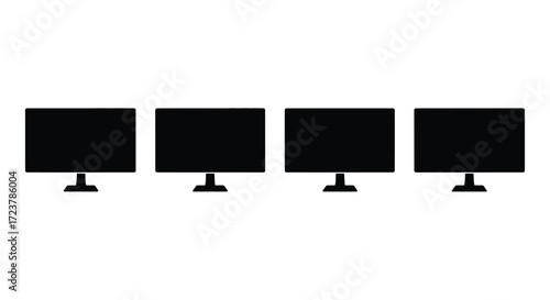 Four black computer monitors arranged side by side on ready for use vector