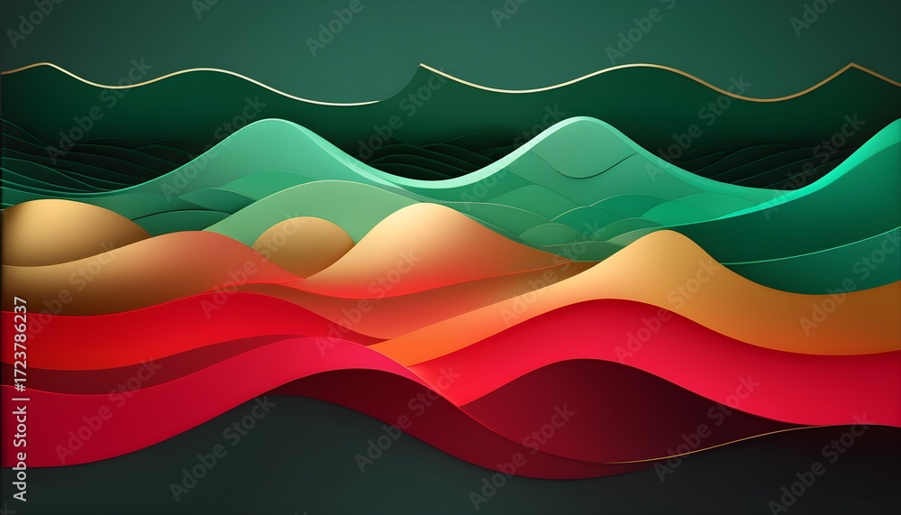 Naklejka premium Abstract waves of color flowing across the frame, layered in shades of green, red, orange, and gold.