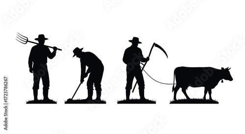 Rustic farmers silhouette depicting agricultural labor throughout different eras with tools and livestock vector