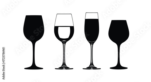 Four silhouette wine glasses including white wine red wine champagne and goblet styles vector
