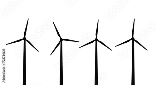 Four silhouette wind turbines generating clean renewable energy in a row vector