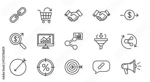 Hand drawn business icons collection representing marketing growth strategy and finance concepts vector