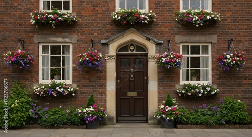 Ornate brick facade with flower baskets
