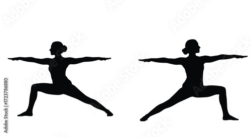 Two silhouettes performing warrior ii yoga pose facing opposite directions side by side vector
