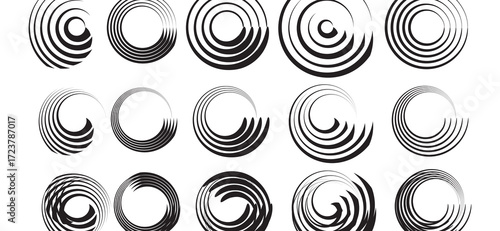 Various black concentric circular designs with spiral and vortex patterns are scattered across a white background, creating a modern, abstract, and visually intriguing layout