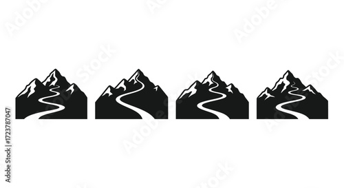 Four silhouette mountain peaks with winding roads and snow cap detail for outdoor adventure themes vector