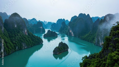 Serene Emerald Bay with Lush Islands and Misty Mountains