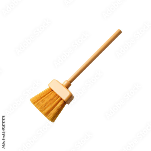 household broom, long wooden handle, soft bristles