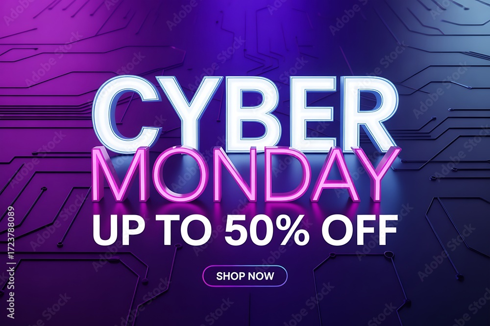 Fototapeta premium Cyber monday sale with neon lights and up to 50 off special offer