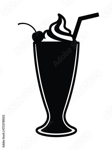 Black silhouette of a delicious ice cream milkshake with cherry and straw