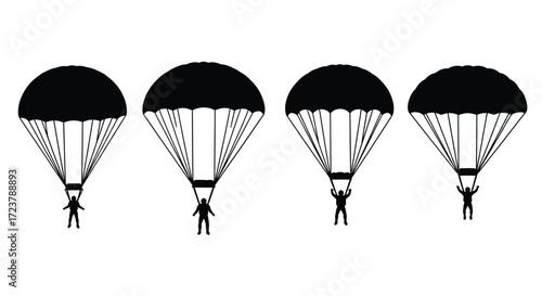 Four silhouette parachutists descending skydiving sport adventure activity danger vector