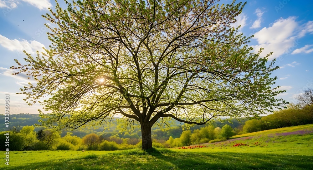 Fototapeta premium Majestic tree stands tall in a vibrant green landscape under a bright sky.