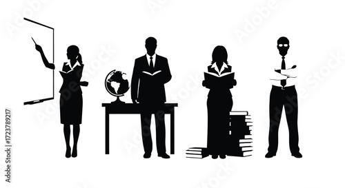Diverse group of professionals in business attire standing holding books and presenting ideas vector