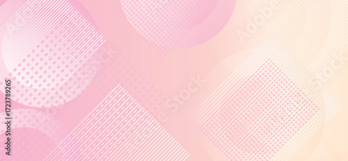 Gentle gradient background with a soft pastel palette of pink and peach hues, complemented by geometric shapes, including circles and squares, featuring dotted patterns and parallel lines