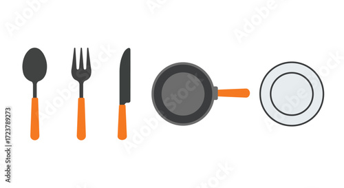 Vector art of a collection of kitchen utensils including a spoon, fork, knife, frying pan, and plate