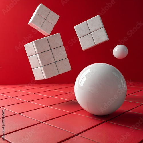 White cubes and spheres on a red tiled floor with a red wall in the background