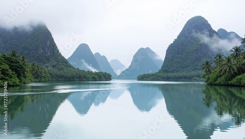 Serene Mountain Reflections on a Misty River