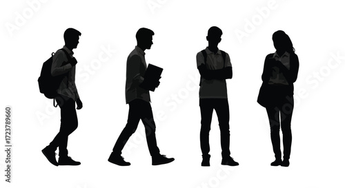 Diverse group of young people silhouettes walking and standing together in various poses vector