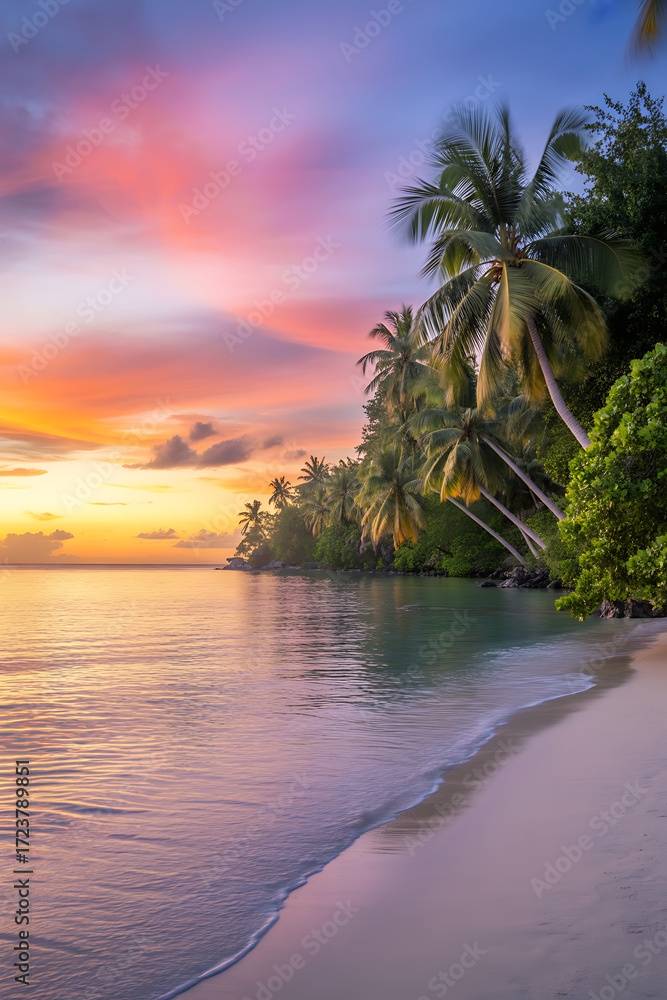 Obraz premium Tropical beach at sunset with palm trees and colorful sky reflected in the water